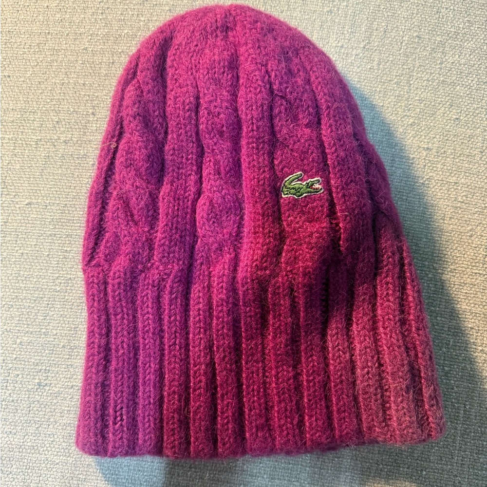 Lacoste Women’s Magenta Cable Knit Beanie with Logo